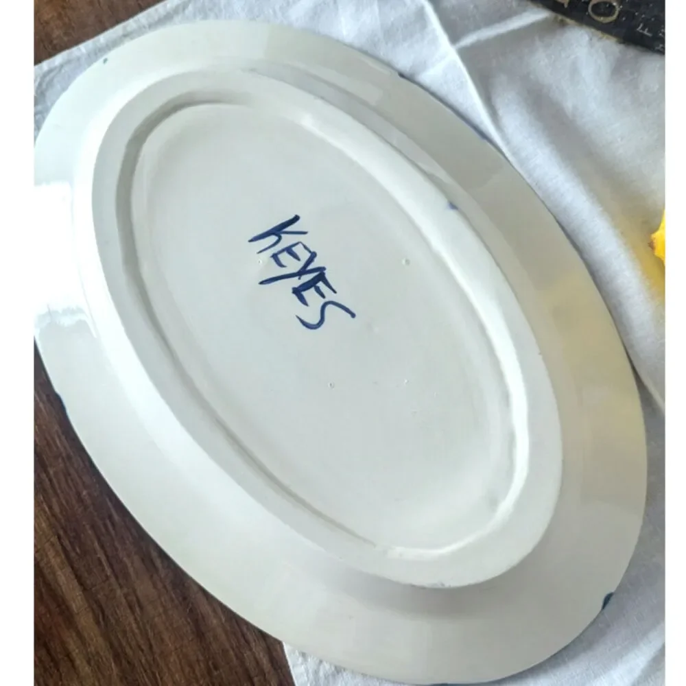 Hand-Painted Fish Motif Ceramic Platter  Signed Artisan Mediterranean Coastal